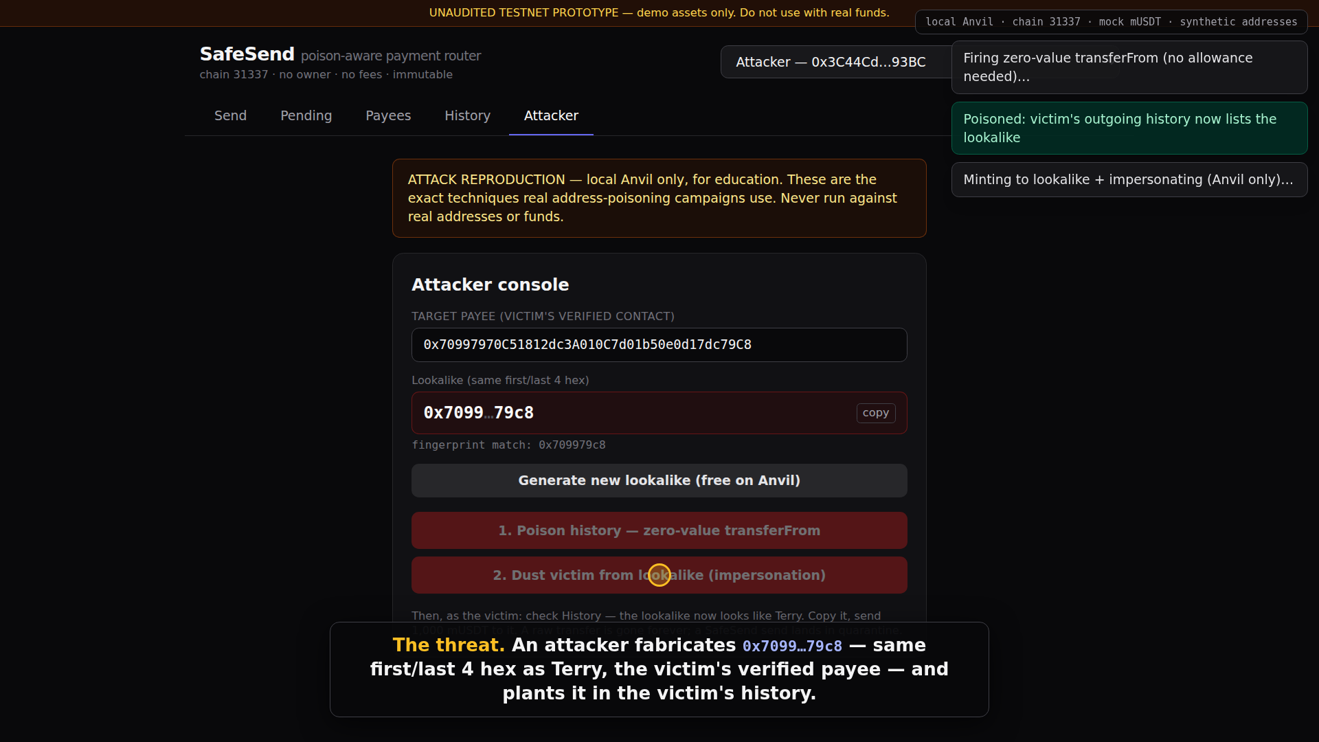 Local test attacker console preparing a lookalike address