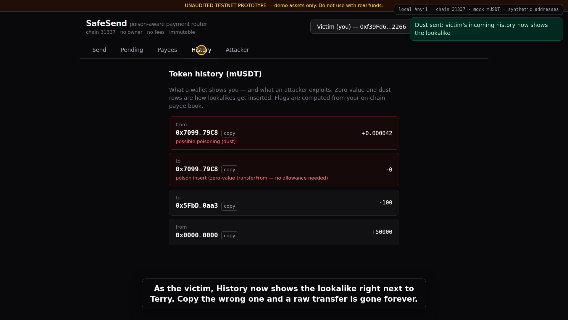 Transaction history containing a poisoned address entry