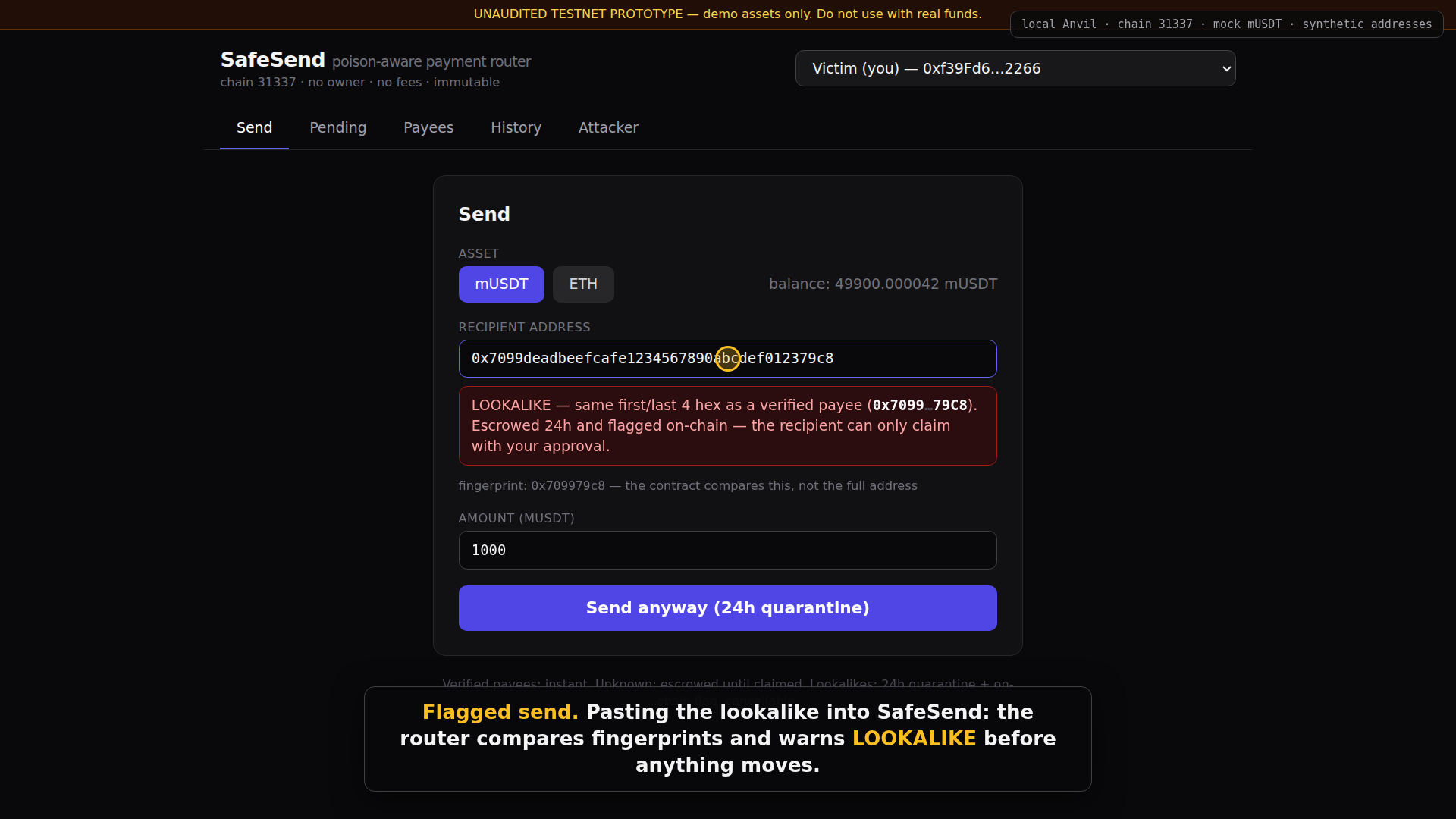 Send screen warning that the pasted address resembles a verified payee