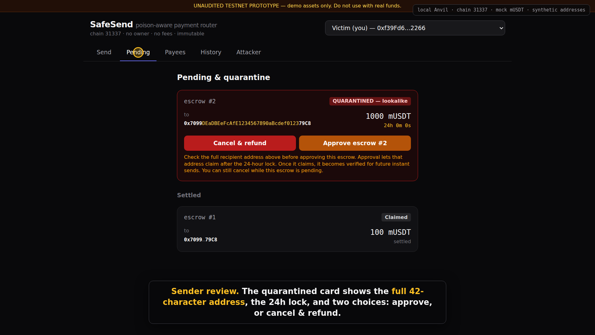 Quarantined escrow showing the full recipient address and sender approval button