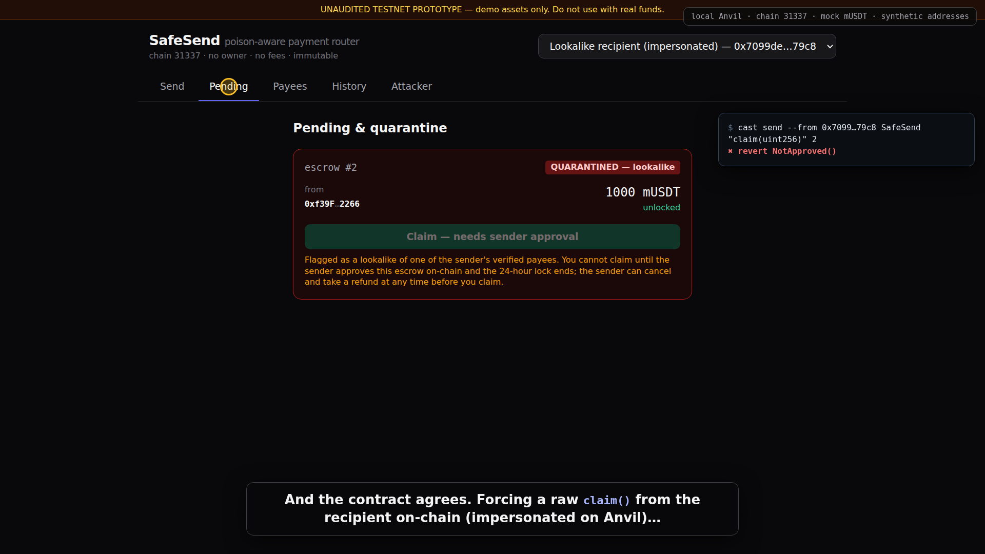 Recipient cannot claim the unlocked escrow without sender approval