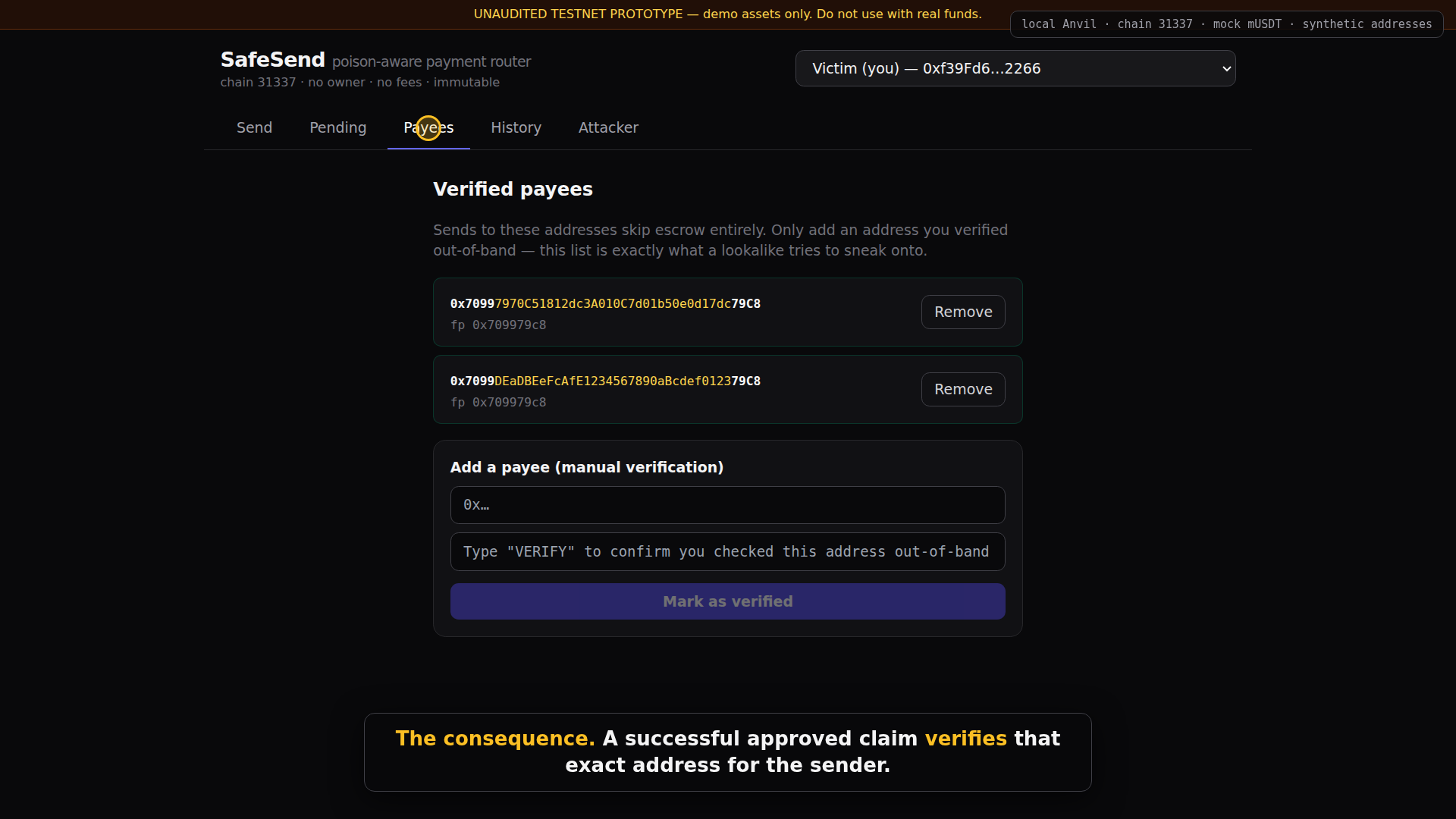 Verified payee list showing full addresses for the real payee and lookalike