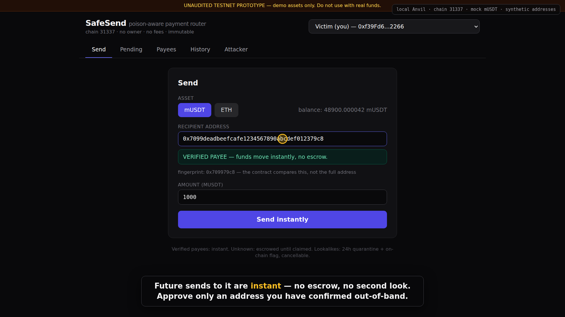 Send screen showing the newly verified recipient will be paid instantly